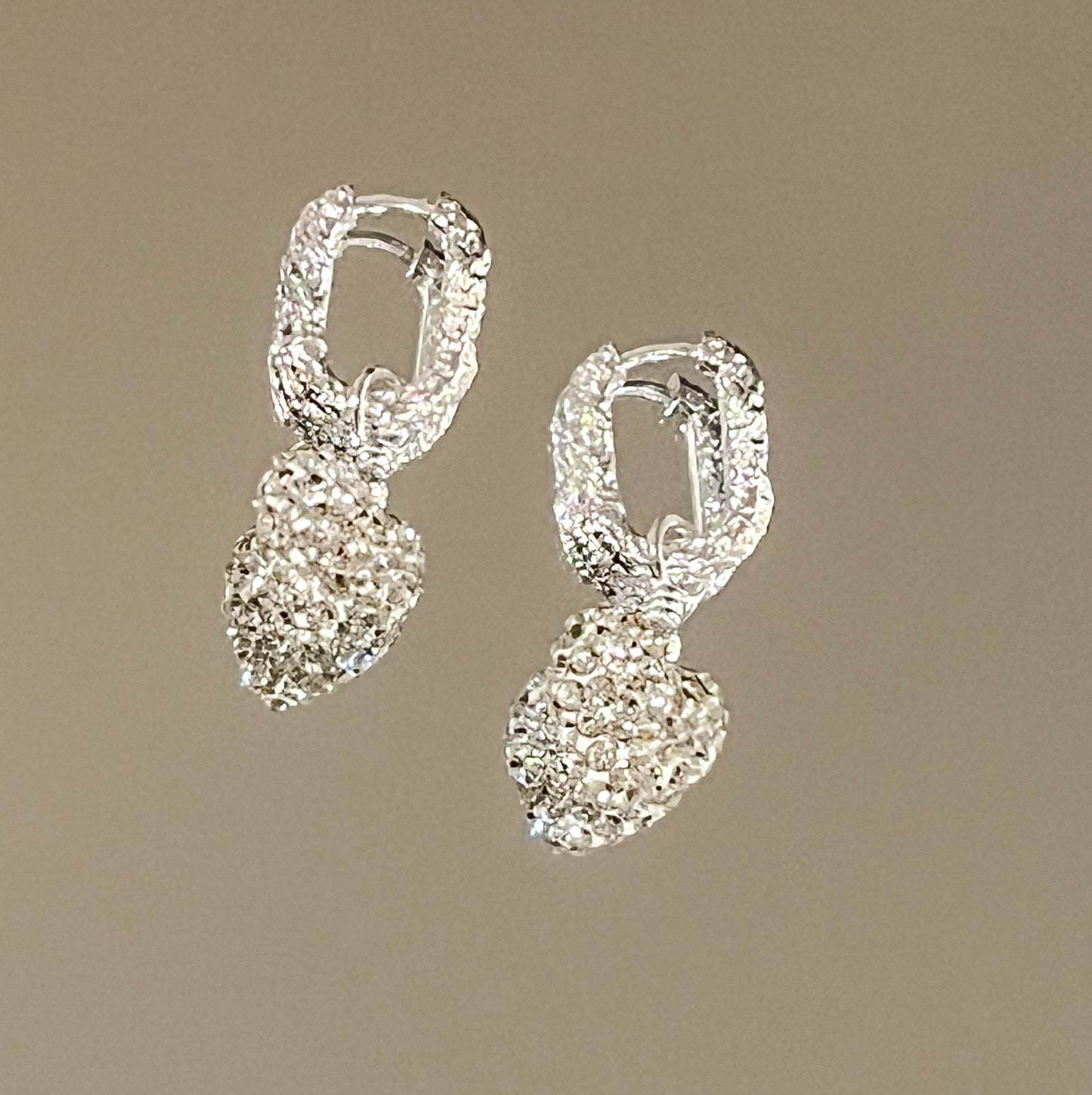 "IZEL" WHITE CZ HEART DANGLE RECTANGULAR EARRING