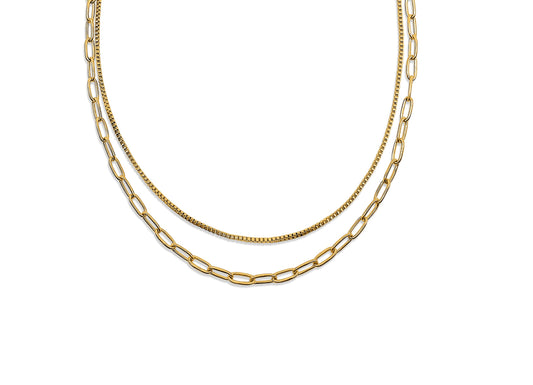 "NAIROBI" DOUBLE CHAIN PAPERCLIP AND ROUNDED BOX NECKLACE