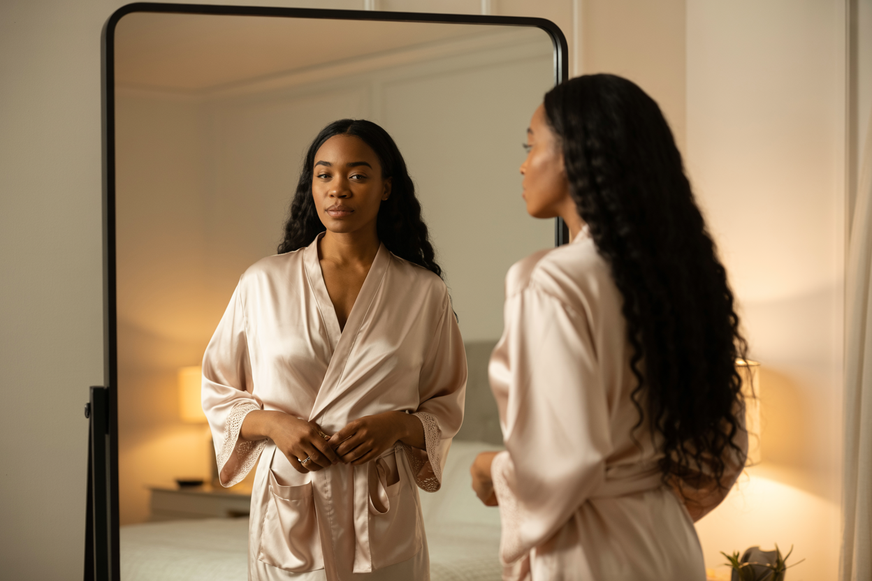 A Black woman with long hair standing in front of a mirror in an elegant minimal bedroom, wearing a silk robe, looking at her own reflection with quiet confidence. Soft warm light. Cream walls. No clutter. Editorial luxury aesthetic. Empowering, grounded, still.