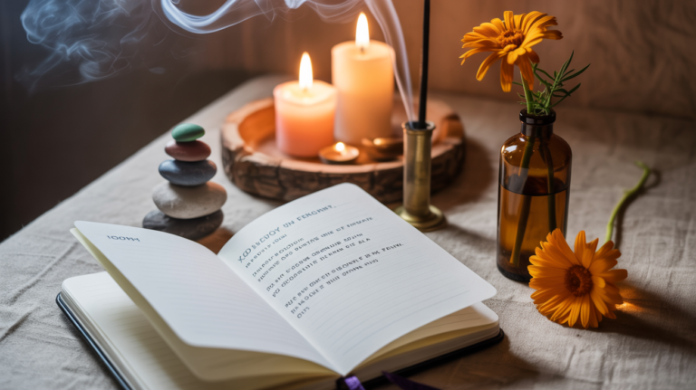 A warm-toned altar scene set on a vintage stool next to a cozy chair. A steaming cup of herbal tea sits next to a small candle, hand-picked flowers in a jar, and a personal talisman (like a necklace or pressed leaf) laid gently on a linen cloth.