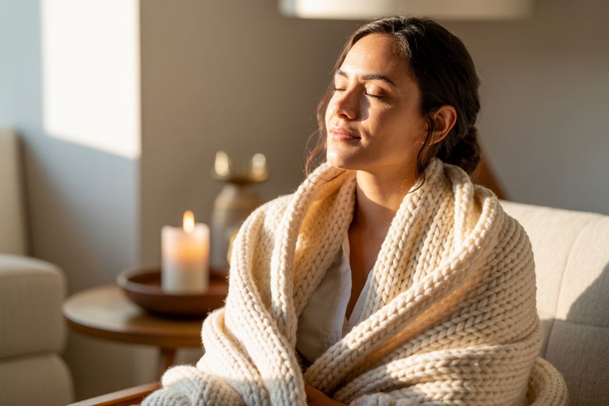A latino woman sitting alone in a sunlit room, wrapped in a soft cream knit blanket, eyes closed, face tilted slightly upward with a gentle peaceful expression. Warm morning light. A candle burning on a side table. Editorial photography style. Cream and warm neutral tones. Quiet, intentional, healing.