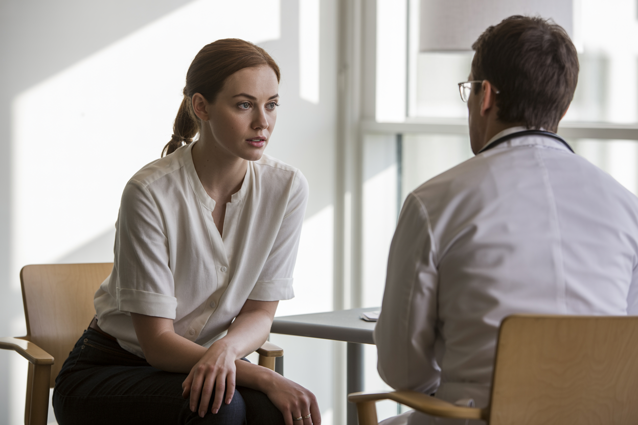 A white woman sitting across from a doctor in a calm modern medical office, leaning forward slightly, speaking with confidence and clarity. Natural light. Clean minimal space. Her posture is strong, not defeated. Editorial style. Warm neutral tones.