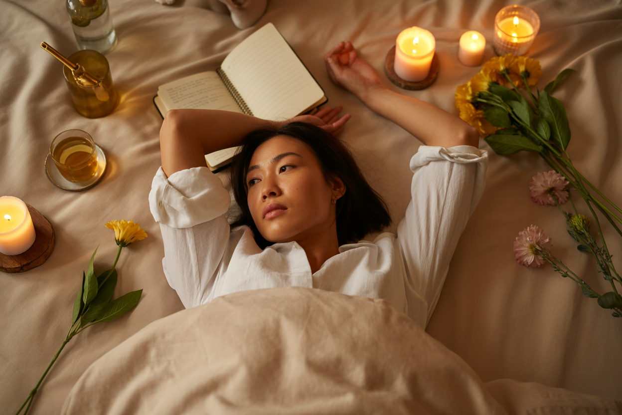 A asian woman lying on a cream linen bed surrounded by a journal, herbal tea, flowers, and soft candlelight. Eyes open, calm, present. Not sick — intentional. Warm golden light. Healing sanctuary aesthetic. Editorial luxury. Still and elevated.

