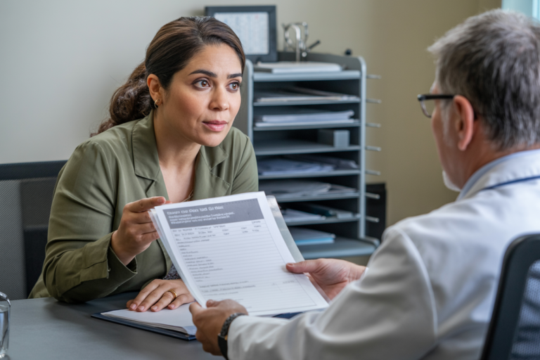 "Confident lifestyle photo of a Middle Eastern woman in her 40s in doctor's office consultation, leaning forward assertively but respectfully, handing doctor printed research or test request, professional attire, organized medical binder visible, doctor's desk between them, natural office lighting, determined but polite expression, professional medical advocacy photography, capturing assertive requesting, relatable proactive patient, empowering specific advocacy"