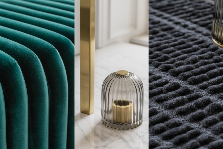 editorial collage of neo deco textures, emerald velvet close-up, white marble slab, brushed brass metal, smoked glass decor object, charcoal rug texture, luxe soft lighting, clean minimal layout, pinterest high-engagement decor style, no text