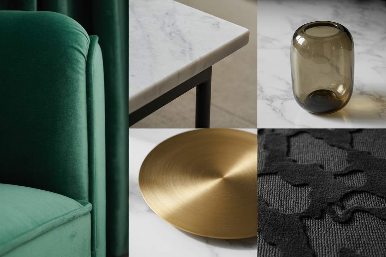editorial collage of neo deco textures, emerald velvet close-up, white marble slab, brushed brass metal, smoked glass decor object, charcoal rug texture, luxe soft lighting, clean minimal layout, pinterest high-engagement decor style, no text
