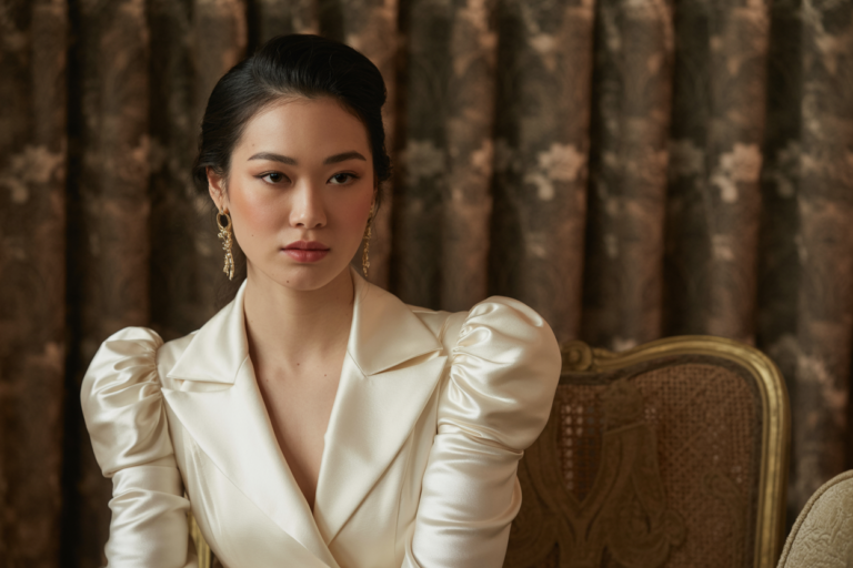 Editorial lifestyle image featuring an Asian female model styled in timeless opera-inspired clothing. Soft shadows, rich textures, refined elegance. Palette: ivory, espresso brown, antique gold.