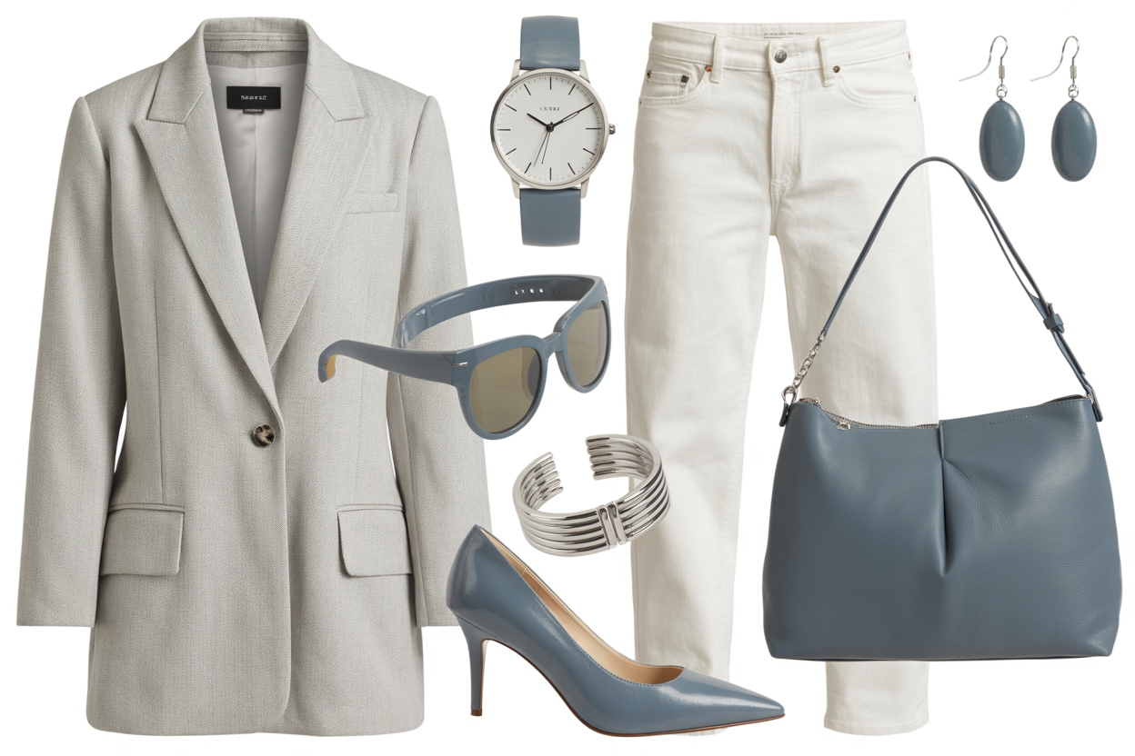 Editorial product collage, tight composition. Floating cutouts: light grey tailored blazer (anchor), white jeans, watch, sunglasses, steel-blue pointed heels, silver cuff bracelet, slate-blue leather shoulder bag, earrings Accessories visually lead. Palette: light grey, steel blue, slate, silver. Product-only, Pinterest-ready. No humans, no lifestyle, no flat lays.