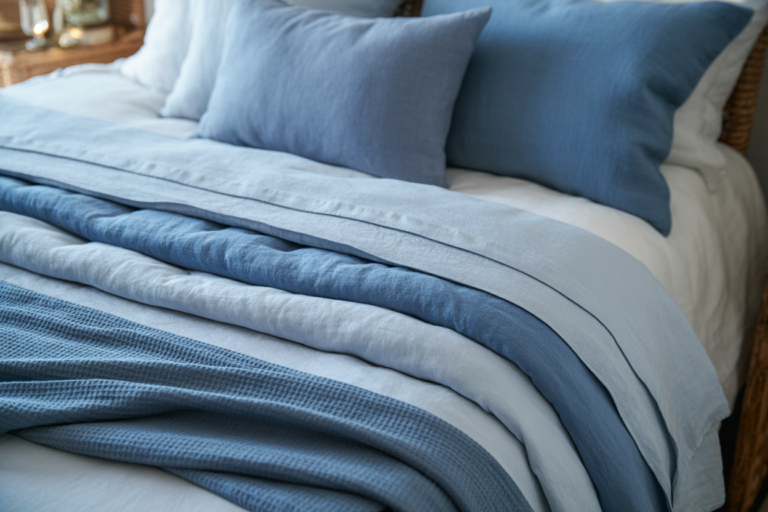 Lifestyle close-up of beautifully layered blue bedding, various shades of blue linen and cotton layers from pale sky blue to soft chambray, white base sheets, textured blue throw blanket, simple pillows in coordinating blues, natural morning light showing fabric textures, inviting and cozy, professional bedding photography, soft life aesthetic, tactile and serene