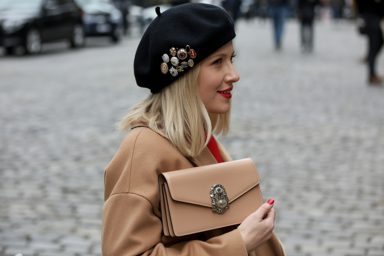 Lifestyle fashion photo of a stylish white woman wearing a classic black wool beret adorned with a cluster of small vintage brooches on the side, camel coat, red lip, carrying a structured leather handbag with a statement brooch attached to the flap, Parisian-inspired aesthetic, cobblestone street background, natural overcast light, effortlessly chic, professional street style photography