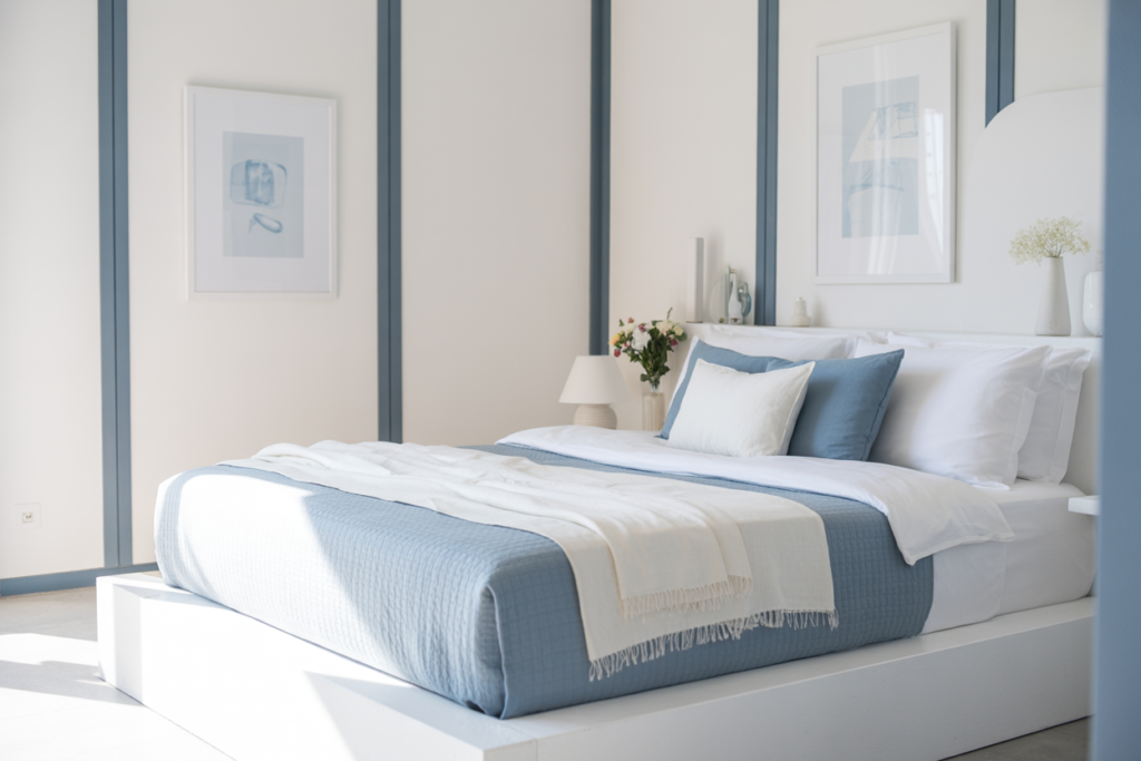 Lifestyle interior of crisp blue and white minimalist bedroom, white walls with blue-gray trim, white platform bed with layered white and soft blue linens, minimal artwork in blue tones, white ceramic lamp, fresh flowers in white vase, bright and airy, sunlight streaming in, clean and refreshing, professional interior photography, modern timeless aesthetic