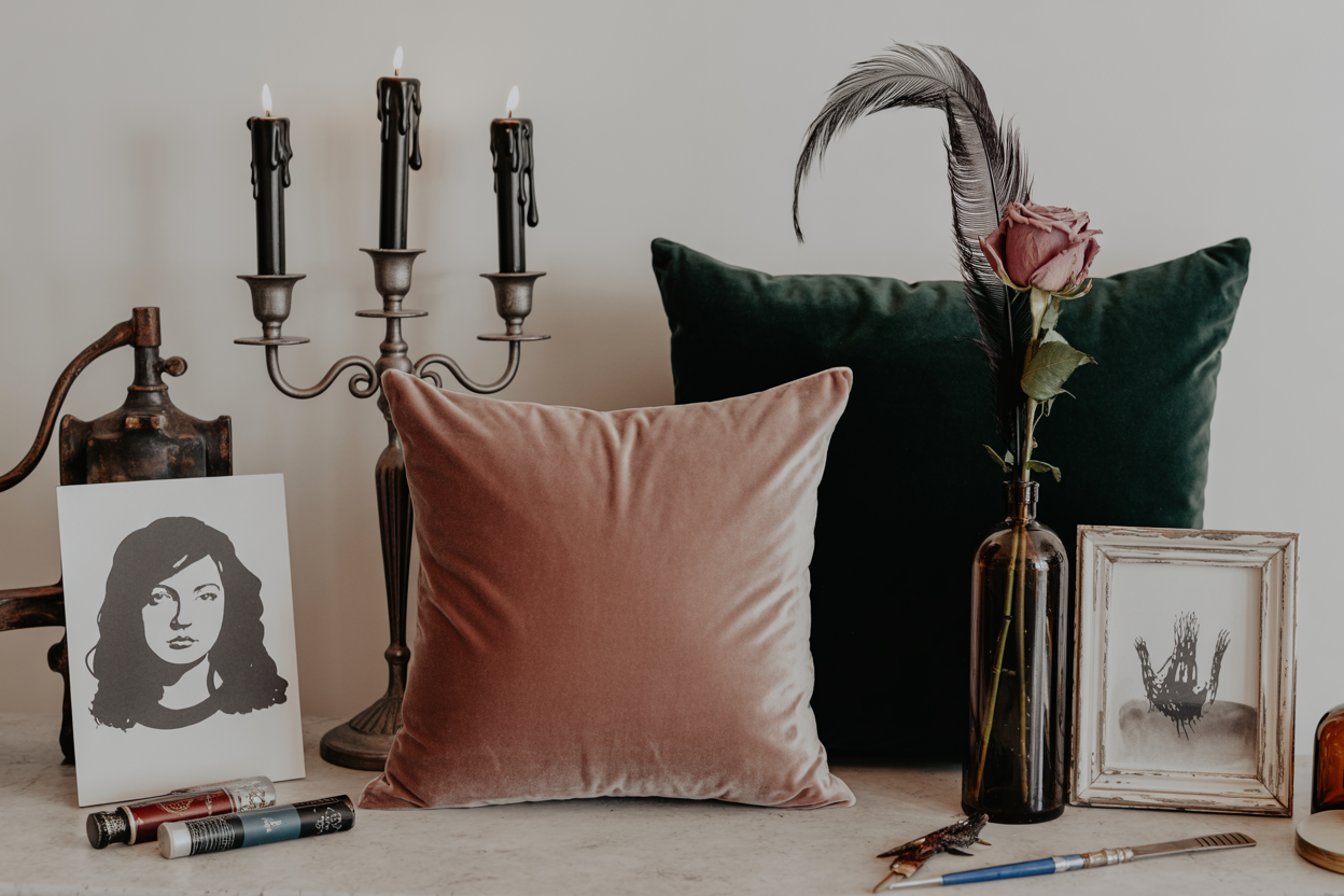 Lifestyle photo of DIY vamp romantic decor projects displayed, spray-painted black candelabras with dripping wax, handmade velvet pillow covers in jewel tones, DIY dried rose and feather arrangement in vintage bottle, hand-painted gothic artwork, crafting supplies visible nearby, moody lighting, achievable projects, professional craft photography, budget-friendly creations