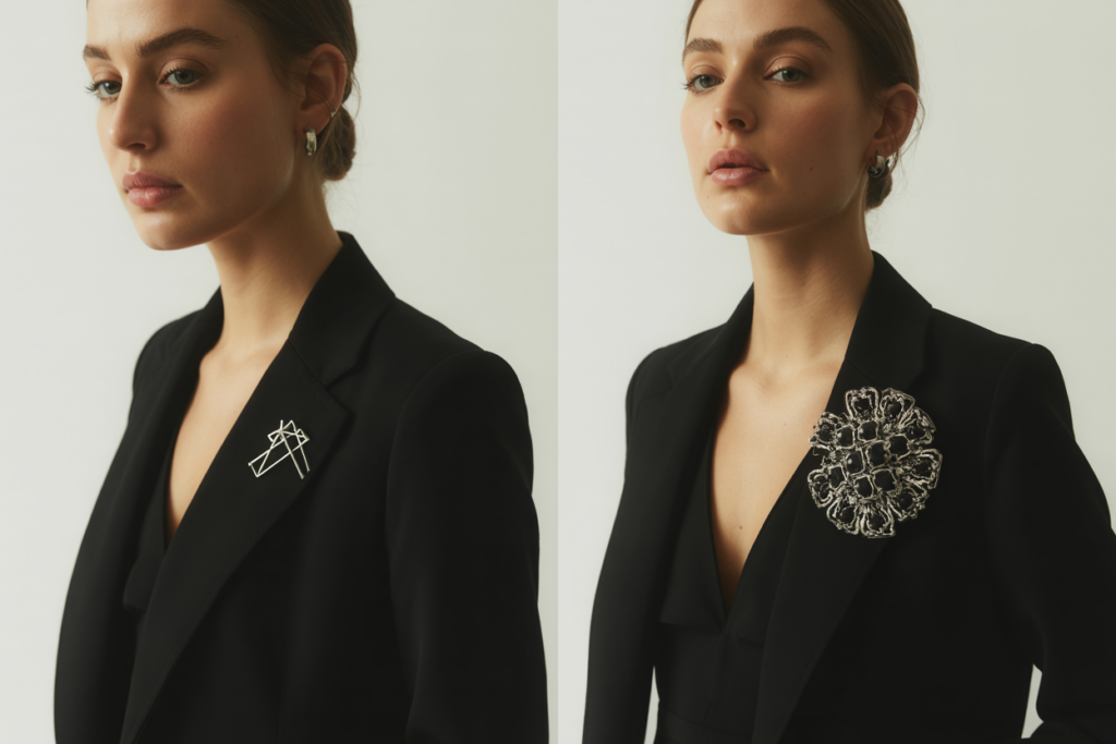 Lifestyle photography split comparison of minimal versus statement brooches fashion editorial. Clean bright natural studio light with white background. Split-screen or diptych layout showing same woman in same outfit twice: LEFT SIDE - wearing small delicate minimal geometric brooch, subtle and refined, quiet luxury aesthetic; RIGHT SIDE - wearing large ornate statement brooch, dramatic and bold, maximalist glamour. Same black blazer or simple dress on both sides for direct comparison. Model in identical pose and styling except for brooch. Clear visual showing scale difference, styling impact, and aesthetic contrast. Editorial comparison photography, sharp focus on both brooch styles, realistic jewelry details and identical lighting on both sides, side-by-side aesthetic study, educational fashion comparison, clean studio lighting, 2026 Pinterest comparison editorial style