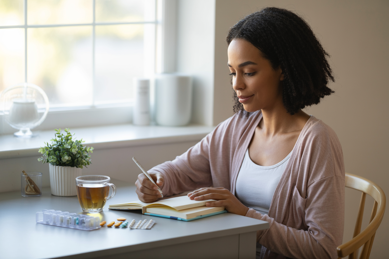 Peaceful lifestyle photo of a Black woman in her 30s in morning routine, sitting at kitchen table with gentle morning setup: glass of water, medications organized in weekly pill organizer, journal, warm tea, soft natural morning light streaming through window, calm peaceful expression, comfortable loungewear, professional wellness photography, capturing achievable daily routine, relatable chronic illness morning, empowering gentle habits, sustainable self-care