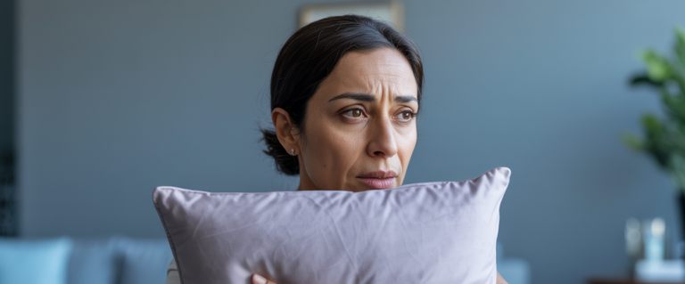 Powerful emotional photo of a Middle Eastern woman in her 40s in therapy or safe space, holding pillow protectively, showing fear mixed with healing, processing medical trauma, safe comfortable environment, soft supportive lighting, tissues nearby, brave vulnerable expression, professional trauma photography, capturing healthcare PTSD, deeply relatable medical fear, validating traumatic experiences, healing journey