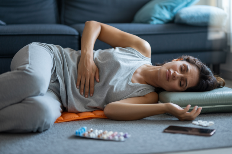 Raw emotional photography of a Middle Eastern woman in her 30s lying on heating pad on floor, comfortable position supporting painful areas, hand gently on abdomen or back, facial expression showing discomfort but coping, soft ambient lighting, medication organizer nearby, phone within reach, comfortable loose clothing, professional empathetic health photography, authentic chronic pain experience, relatable vulnerability, capturing the reality of managing flare-ups, safe supportive environment