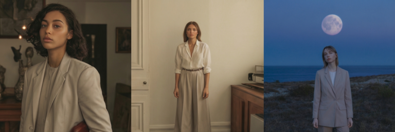editorial collage blending fashion and interiors, diverse women, neutral outfits, moonlit interiors, high-end Pinterest style