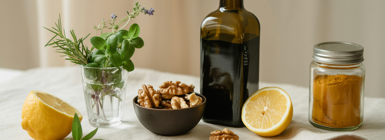 A beautifully styled minimal anti-inflammatory kitchen counter scene — a dark bottle of olive oil, a small bowl of walnuts, fresh herbs in a small glass, a lemon cut in half, a jar of turmeric on a warm cream linen surface. Soft natural lighting. Editorial luxury food and wellness aesthetic. Pinterest pin format cropped to bottom third. Photorealistic. No text. No words. No letters."