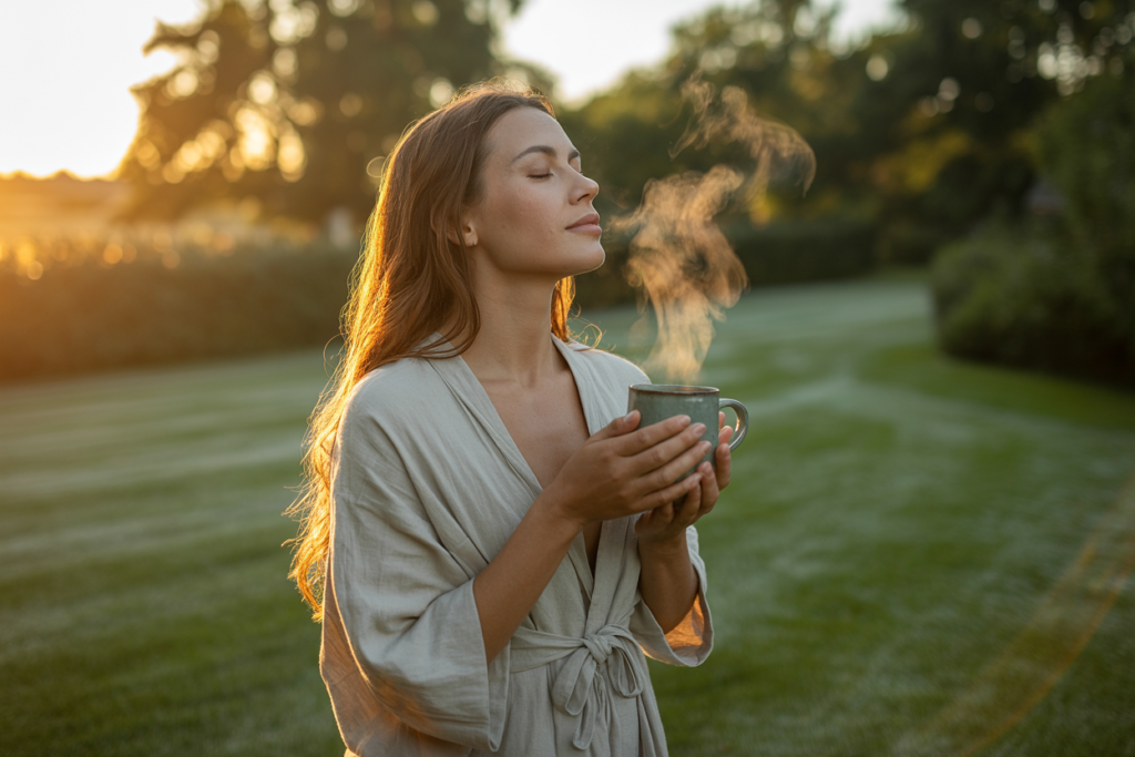 A beautifully styled summer solstice morning scene — a woman with long hair standing barefoot on dewy grass in an early morning garden, eyes gently closed and face tilted up toward soft golden sunrise light, hands wrapped around a ceramic mug of steaming herbal tea. The light is extraordinary — the early golden quality unique to the longest morning of the year. Warm golden cream and soft green tones. Editorial luxury spiritual wellness lifestyle aesthetic. Full body shot head to toe. Pinterest pin format 2:3 vertical. Photorealistic. No text. No words. No letters.