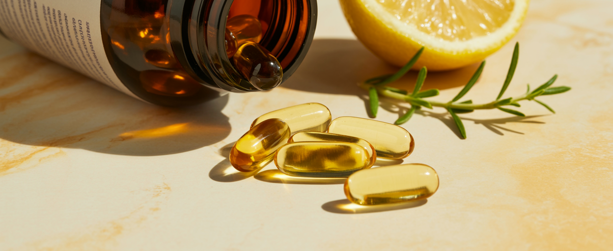 A close up editorial product shot of a high quality dark amber glass bottle of fish oil supplements on its side, several golden gel capsules spilling out beside it onto a warm cream marble surface. A fresh lemon half and a small sprig of herbs beside the capsules. Soft bright natural light. Editorial luxury wellness product photography aesthetic. Warm cream and golden amber tones. Pinterest pin format 2:3 vertical. Photorealistic. No text. No words. No letters.
