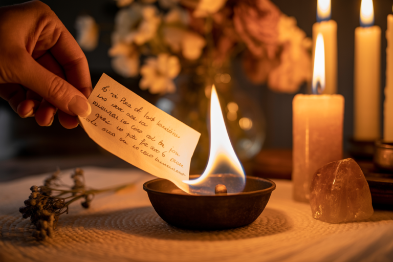 A close-up editorial shot of a solstice fire release ritual in intimate golden candlelight — a small piece of paper with handwriting visible but not legible held at the corner by a woman's hand over a small cast iron ritual bowl, the paper just beginning to catch flame from a beeswax candle beside it. A citrine crystal and dried flowers visible softly blurred in the background. Rich warm amber and golden tones. Dramatic intimate candlelight. Editorial luxury spiritual wellness aesthetic. Pinterest pin format 2:3 vertical. Photorealistic. No text. No words. No letters.