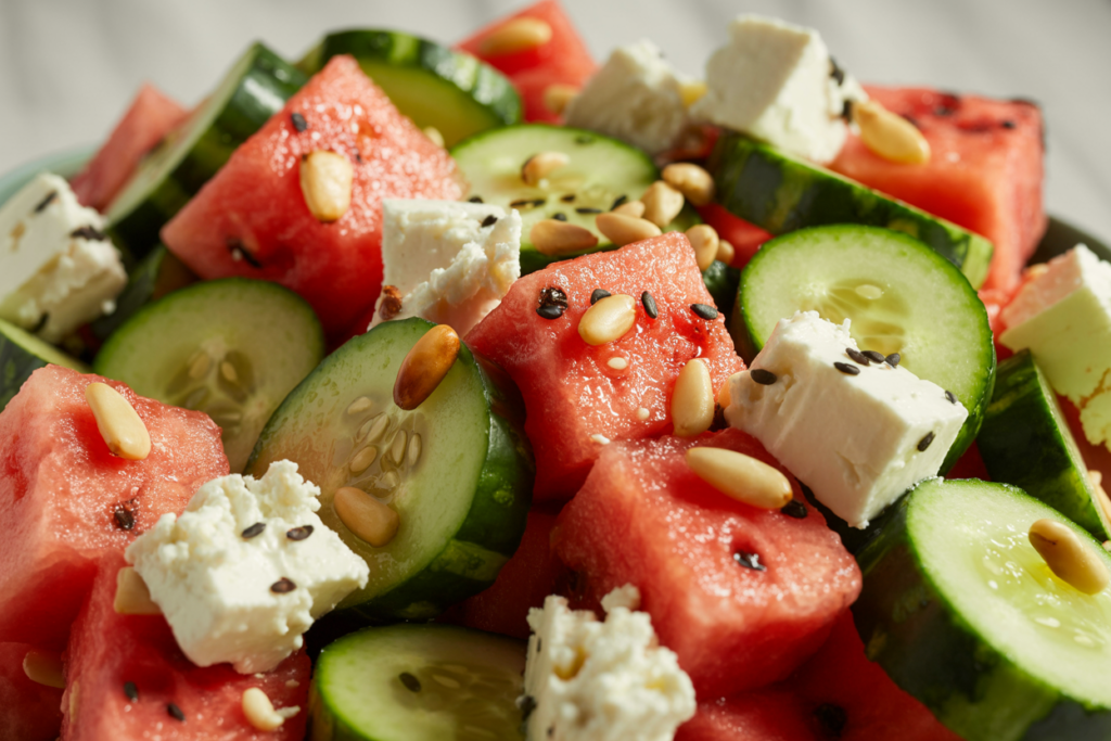 watermelon , CUCUMBERS, feta salad with added nuts or seeds for crunch, visible texture contrast, close-up food photography, natural light, high detail