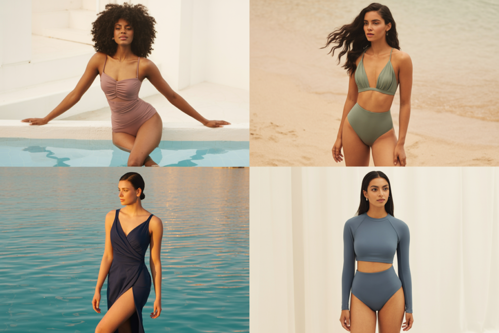 A multi-outfit editorial grid showing four diverse women in different summer swimsuit styles on a clean white background — Top left: a dark-skinned Black woman in her 30s with natural coils wearing a ruched dusty rose one-piece at a pool edge. Top right: a Latina woman in her 30s with wavy dark hair wearing a high-waist sage green bikini set on a beach. Bottom left: a Middle Eastern woman in her 30s in a navy swim dress with built-in shorts standing by turquoise water. Bottom right: a South Asian woman in her 30s in a long-sleeve dusty blue UPF rash guard and high-waist swim bottoms. Each woman full body head to toe. Warm summer lighting. Editorial luxury fashion aesthetic. Pinterest pin format 2:3 vertical. Photorealistic. No text. No words. No letters.