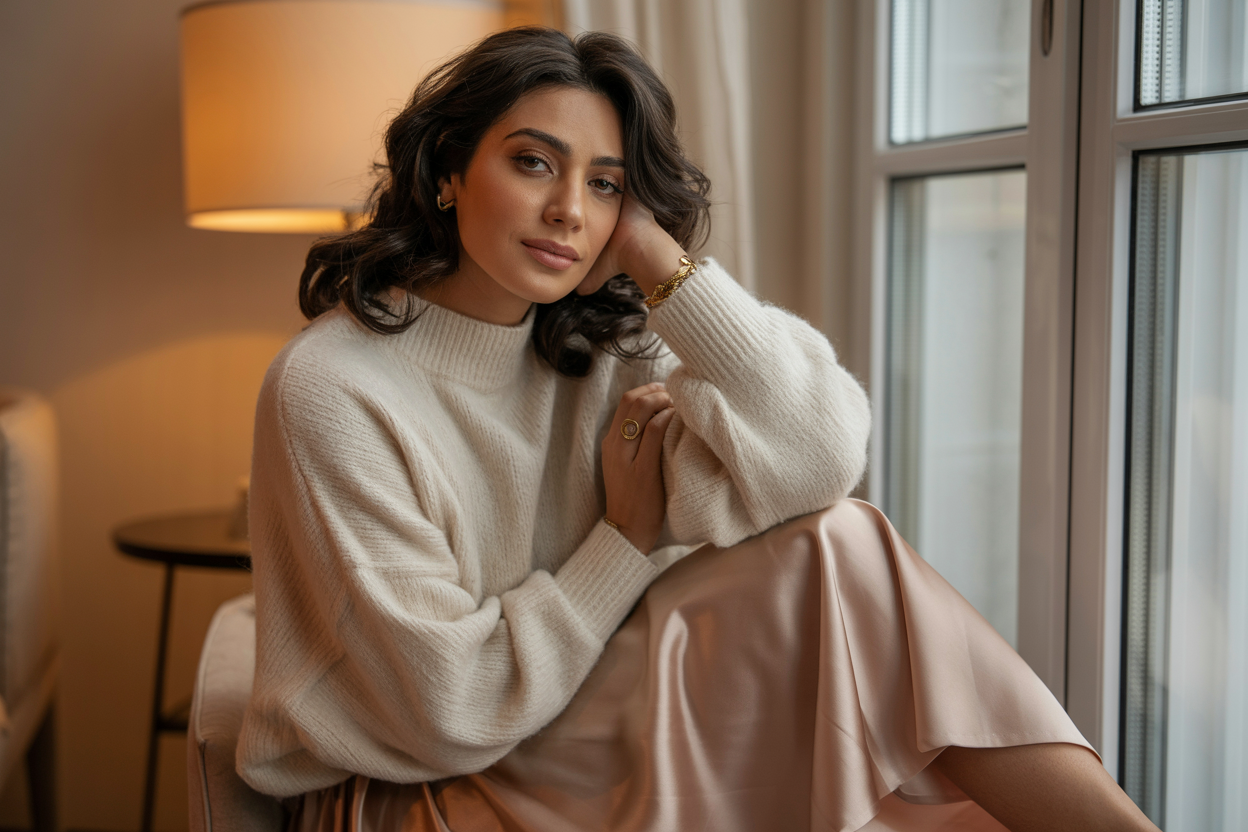 A Middle Eastern woman in her 30s with dark wavy hair, dressed in a soft cream oversized knit and a satin blush midi skirt, sitting by a window with warm morning light, looking quietly powerful and completely herself. Warm cream and blush tones. Cozy editorial luxury wellness aesthetic. Soft warm lighting. Photorealistic. No text. No words. No letters.
