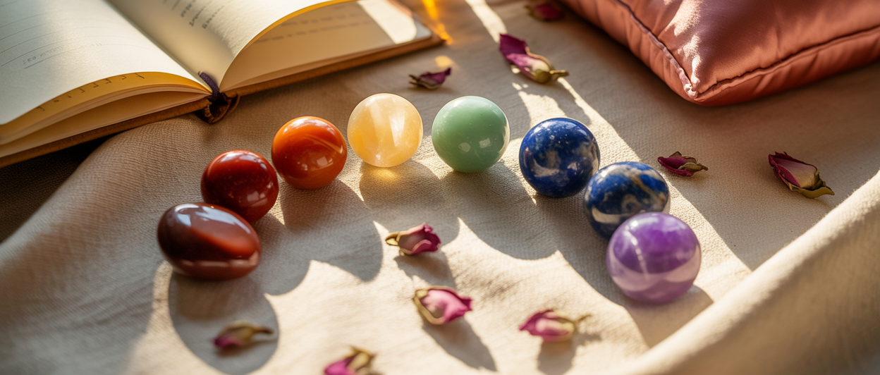 Editorial close-up of a beautiful chakra healing setup — a seven chakra crystal set arranged in a rainbow arc on a cream linen surface, a lay-flat journal open beside it, a weighted silk eye pillow in dusty rose, a small essential oil bottle, dried rose petals scattered gently. The image feels warm intentional and deeply personal. Warm golden and cream tones. Soft natural light. Editorial luxury spiritual wellness aesthetic. Pinterest pin format cropped to bottom third. Photorealistic. No text. No words. No letters.
