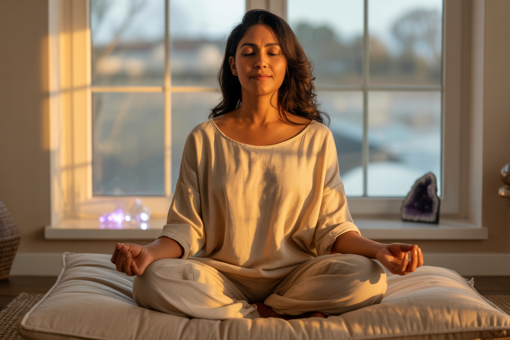 A South Asian woman in her late 30s sitting cross-legged on a cream linen floor cushion near a large window, soft morning light spilling across her, eyes closed, hands resting open on her knees, wearing a loose ivory linen top, a small amethyst crystal resting on the windowsill beside her, violet and white tones in the light. Warm and luminous. Editorial luxury wellness lifestyle aesthetic. Full body shot head to toe. Pinterest pin format 2:3 vertical. Photorealistic. No text. No words. No letters