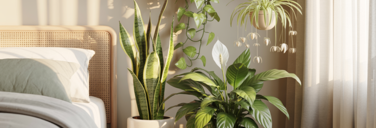A beautifully styled healing bedroom corner featuring four air-purifying plants — a large snake plant in a cream ceramic pot, a trailing pothos cascading from a high shelf, a peace lily with white blooms in a woven basket pot, a spider plant in a small hanging planter. Warm soft natural morning light. Cream and sage green tones. Editorial luxury wellness home aesthetic. No person. Pinterest pin format 2:3 vertical. Photorealistic. No text. No words. No letters.