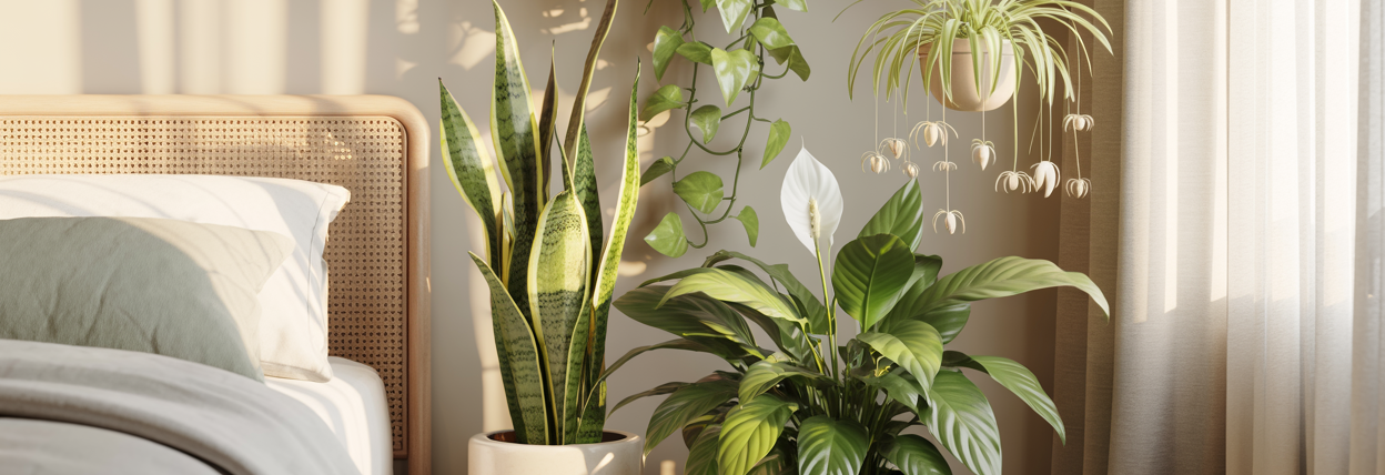 A beautifully styled healing bedroom corner featuring four air-purifying plants — a large snake plant in a cream ceramic pot, a trailing pothos cascading from a high shelf, a peace lily with white blooms in a woven basket pot, a spider plant in a small hanging planter. Warm soft natural morning light. Cream and sage green tones. Editorial luxury wellness home aesthetic. No person. Pinterest pin format 2:3 vertical. Photorealistic. No text. No words. No letters.