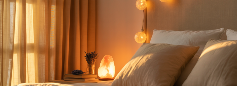 A beautifully styled summer bedroom at dusk — warm Edison string lights draped in a gentle arc above a linen-covered headboard casting a warm amber glow across the room, a salt lamp glowing softly on the nightstand beside a small stack of books and a dried lavender bundle, floor-length cream curtains partially drawn, the room bathed in warm golden light. No person. The room itself feels like an exhale. Warm cream and amber tones. Editorial luxury wellness home aesthetic. Pinterest pin format 2:3 vertical. Photorealistic. No text. No words. No letters.