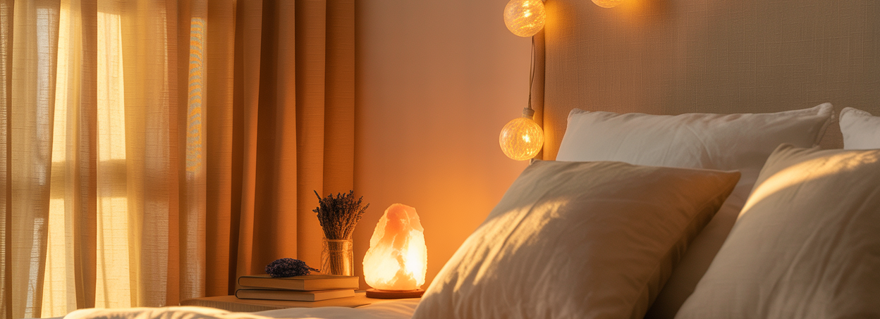 A beautifully styled summer bedroom at dusk — warm Edison string lights draped in a gentle arc above a linen-covered headboard casting a warm amber glow across the room, a salt lamp glowing softly on the nightstand beside a small stack of books and a dried lavender bundle, floor-length cream curtains partially drawn, the room bathed in warm golden light. No person. The room itself feels like an exhale. Warm cream and amber tones. Editorial luxury wellness home aesthetic. Pinterest pin format 2:3 vertical. Photorealistic. No text. No words. No letters.