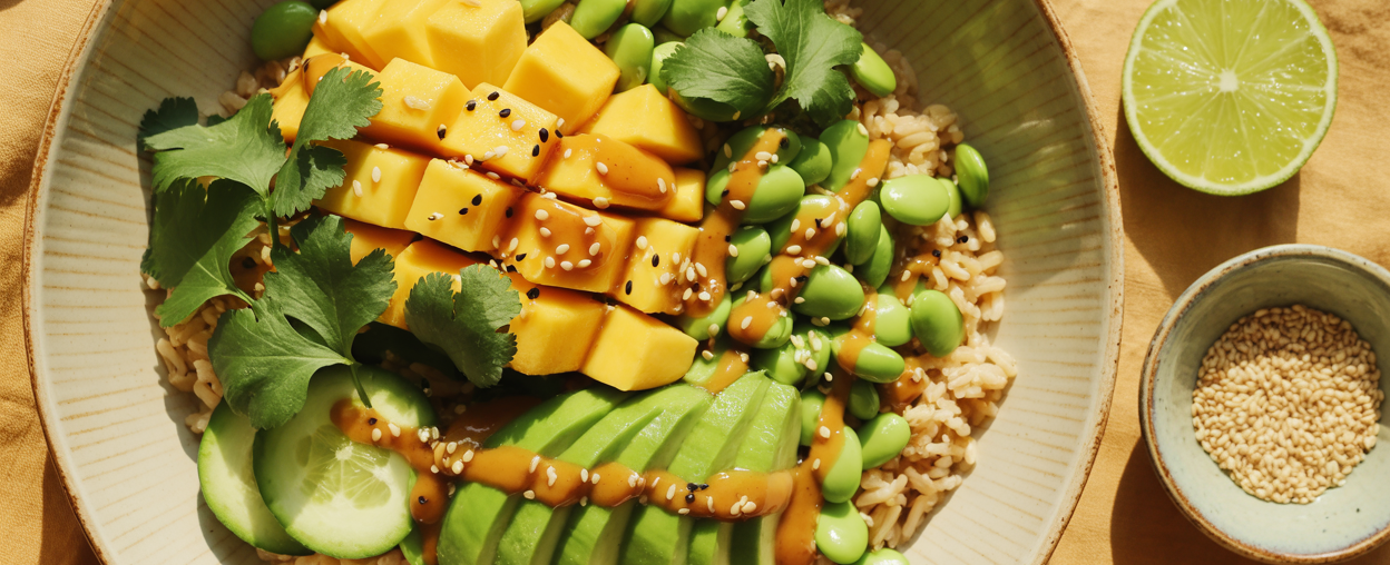 A stunning overhead editorial flatlay of a mango avocado and edamame rice bowl in a wide shallow cream ceramic bowl — brown rice as the base, ripe golden mango cubes arranged in a fan, creamy avocado slices fanned beside it, bright green edamame scattered throughout, thin cucumber slices, fresh cilantro leaves, black sesame seeds, a generous drizzle of sesame ginger dressing catching the light. Shot from directly above on a warm cream linen surface with a small dish of sesame seeds and a lime half beside the bowl. Soft bright natural summer light. Editorial luxury food photography aesthetic, visible texture contrast. Warm golden green and cream tones. Pinterest pin format 2:3 vertical. Photorealistic. No text. No words. No letters.
