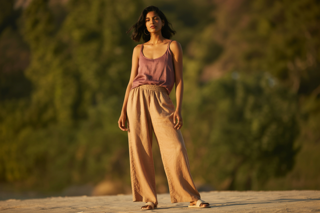 The same South Asian woman with dark hair now standing in the same outdoor summer setting completely transformed — wearing wide-leg washed linen pants in warm sand and a loose bamboo tank in dusty rose, slip-on sandals, looking completely cool and at ease, body language relaxed and open. Warm golden summer light. Editorial luxury lifestyle fashion aesthetic. Full body visible. Pinterest pin format cropped to bottom third. Photorealistic. No text. No words. No letters.