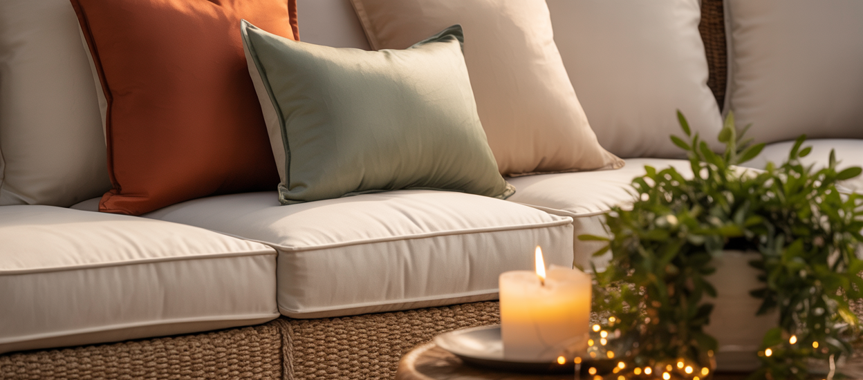 Editorial shot with thick 4-inch cream cushions, three mixed outdoor throw pillows in terracotta sage and cream, a jute-look outdoor rug defining the space, a low rattan side table with a candle and a plant, string lights visible above. The seating looks genuinely inviting — the kind you sink into and stay in for hours. Warm golden summer light. Editorial luxury outdoor lifestyle aesthetic. Pinterest pin format cropped to bottom third. Photorealistic. No text. No words. No letters