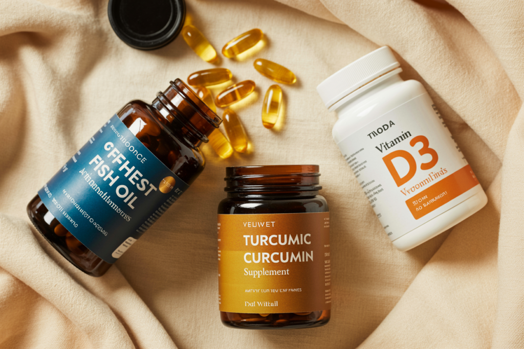 Editorial overhead flatlay of the three highest-evidence anti-inflammatory supplements arranged beautifully on a warm cream linen surface — a dark amber fish oil bottle with golden capsules spilling out, a turmeric curcumin supplement jar in warm golden tones, a vitamin D3 bottle in soft white. Soft warm natural light. Editorial luxury wellness product photography. Warm cream and golden amber tones. Pinterest pin format cropped to bottom third. Photorealistic. No text. No words. No letters.
