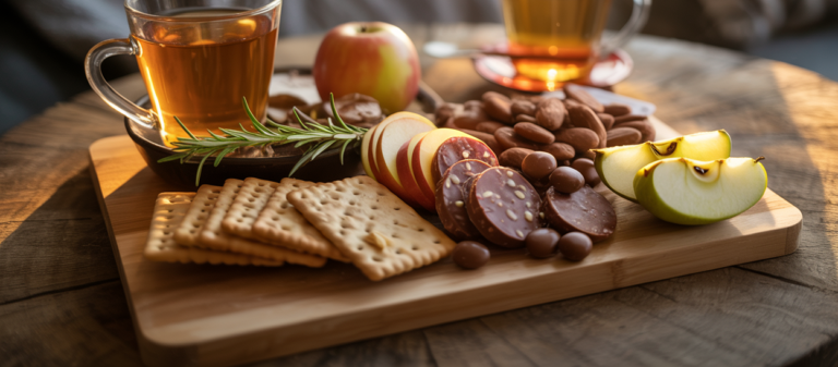 Healing Charcuterie Boards for Mindful Self-Care Moments. a charcuterie board on a linen-draped table with herbal teas, berries, nuts, dark chocolate, affirmations on cards, surrounded by candles and soft lighting, feminine cozy aesthetic