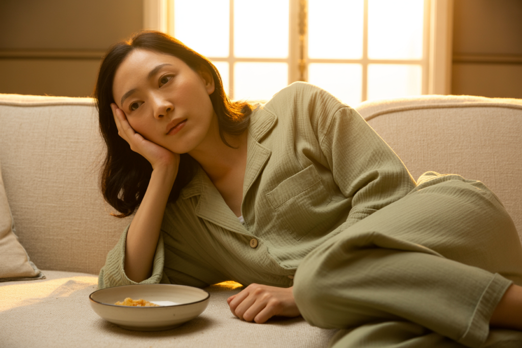 Low angle at sofa level looking slightly up, cinematic. An East Asian woman — warm ivory skin, dark hair loose, wearing a soft sage bamboo set — lying on her side on a cream linen sofa, eyes open, one hand resting under her cheek. She has clearly just eaten — a simple bowl on the coffee table beside the sofa, mostly finished. She is not sleeping. She is awake and looking forward, the specific exhaustion of the two hours after eating settling into her body. Warm afternoon light from a window behind her creating a rim of pale gold along her shoulder and her hair. Physical drama: the afternoon light catches her hair and the edge of the sofa cushion behind her, creating a soft halo of gold around an otherwise still and heavy scene. The bowl on the coffee table is the only evidence of the meal — present but finished, the aftermath now the entire story. Emotional specificity: her open eyes and the specific quality of her stillness carry the exhaustion that has a digestive correlate — not sleepiness exactly, but the particular post-meal fatigue that comes when the gut and the immune system are working harder than they should be after eating. Not resting by choice. Waiting it out. No text anywhere in the image. Shot on medium format film, cinematic, warm afternoon gold.