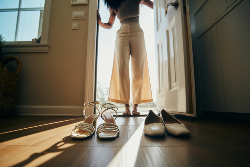 Low angle at floor level, looking slightly up. A Black woman with natural coils — deep brown skin, wearing wide-leg cream linen trousers — standing at the front door of her home, one hand resting on the door frame, not yet opened. She is looking down at her feet, at two pairs of shoes on the floor in front of her — one a strappy heeled sandal, one a clean supportive flat. She has not chosen yet. Soft morning light from a window to the left casting a long diagonal shadow across the floor and across both pairs of shoes. Physical drama: the low angle makes both pairs of shoes the visual center of the frame — the heeled sandal catching the light along its strap, the flat sitting solid and grounded beside it, her feet bare between them. The shadow line from the window falls exactly between the two pairs, bisecting the choice. Emotional specificity: her downward gaze carries the very specific quality of someone who has learned this decision matters — not casual, not rushed, but considered. She has paid for the wrong choice before. She is not paying for it today. No text anywhere in the image. Shot on medium format film, cinematic, warm morning light and deep cream tones.