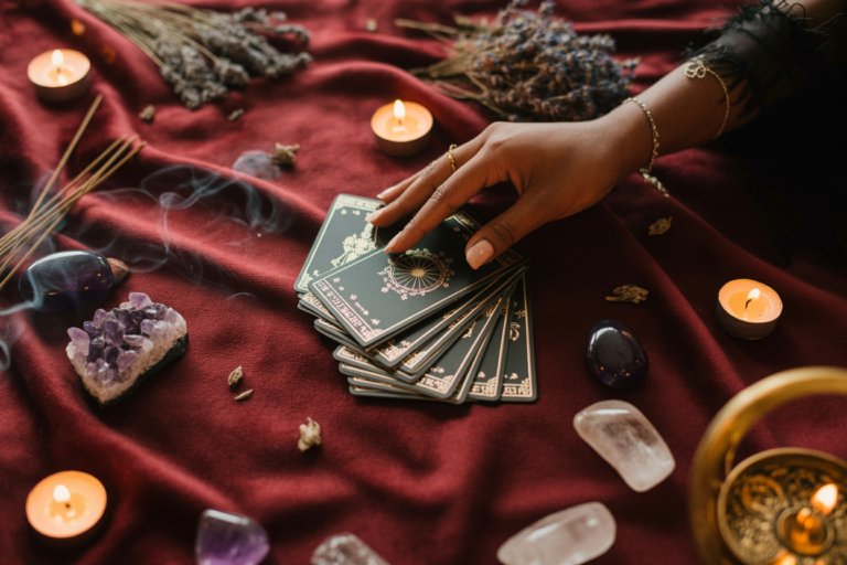 A top-down flat lay photograph A rich burgundy velvet cloth covers the table, creating a luxurious, mystical atmosphere. In the center, several tarot cards are spread elegantly, surrounded by small round candles, dried herbs, incense sticks with soft smoke, and a few crystals. A dark-skinned woman’s hand gently touches one of the tarot cards — only her hand and part of her wrist are visible, suggesting presence without showing the full person. The lighting is warm and moody, highlighting the gold reflections on the velvet fabric and the glow of candlelight. The composition should feel balanced and cinematic, with room on one side for text placement. A detailed, spiritual, elegant scene captured from directly above, perfect for a tarot or psychic