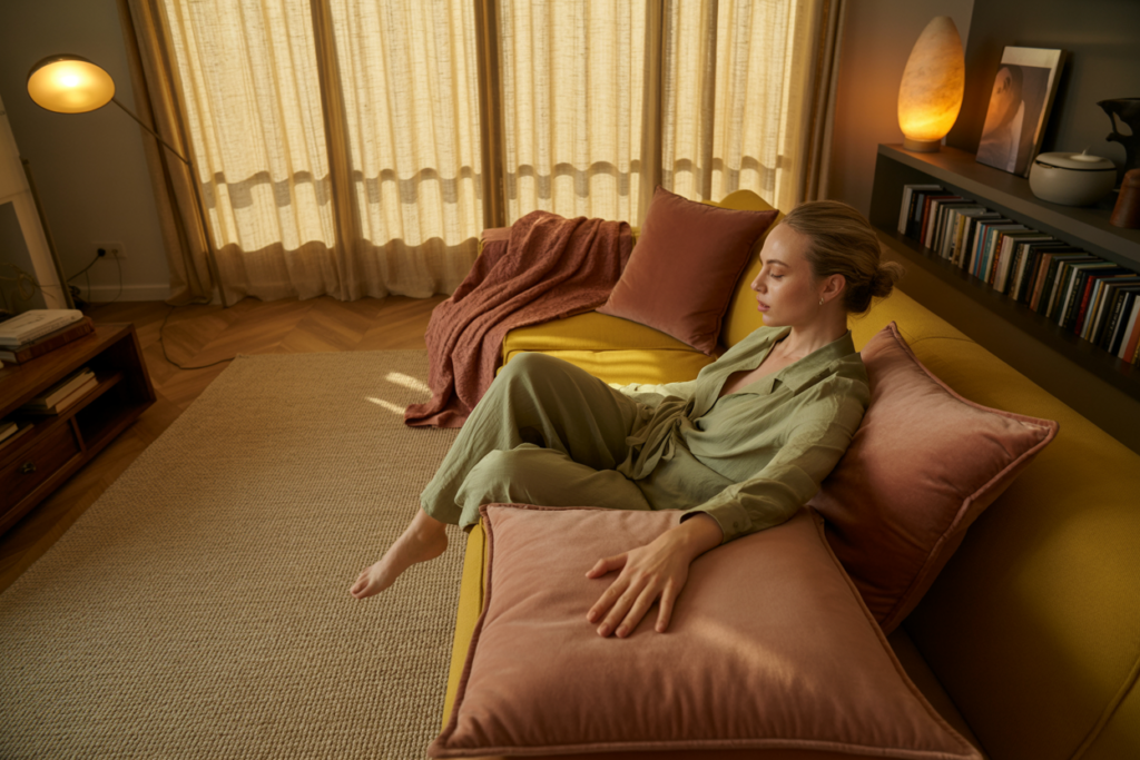 Cinematic wide shot, 30-degree angle from slightly elevated. A beautifully designed living room — warm, layered, intentional. A large low-pile rug in warm oatmeal anchoring the space. A floor lamp in the corner casting warm amber light at standing height. Linen-textured blackout curtains in soft cream drawn halfway, filtering the afternoon light into something golden. Velvet throw pillows in dusty rose and terracotta on a deep sofa. A weighted blanket draped over one arm of the sofa. A small ceramic diffuser on a side table beside an unscented beeswax candle. Books on a shelf along one wall. A white woman — fair skin, light hair in a loose bun, wearing a soft bamboo set in sage green — curled on the sofa, legs tucked under her, one hand resting open on a velvet cushion, eyes closed, completely still. Physical drama: the warm amber lamplight creates deep, rich shadows in the corners of the room while the filtered afternoon light through the linen curtains adds a secondary layer of gold — two warm light sources at different heights and angles, the room held between them. Every surface in the frame is soft, warm, or natural. Emotional specificity: her complete stillness — not sleep, just rest, just the absence of the effort of managing — carries the very specific quality of a nervous system that has finally been given an environment that asks nothing of it. No text anywhere in the image. Shot on medium format film, cinematic, warm amber and filtered gold.