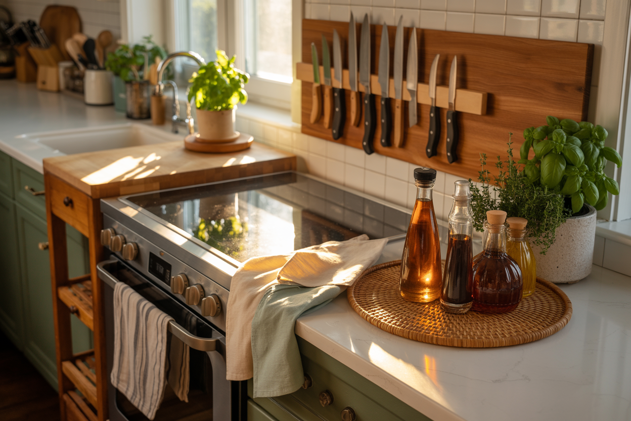 Cinematic wide shot, 30-degree angle from slightly elevated. A beautifully organized kitchen counter — warm and intentional, nothing clinical. A rattan lazy susan corralling oils and vinegars in warm amber bottles. A magnetic knife strip in warm wood mounted at backsplash height, knives hanging cleanly. Linen dish towels in cream and sage draped over the oven handle. A small ceramic herb planter with fresh basil and thyme on the counter edge. A rolling cart in warm butcher block beside the stove. Warm afternoon light from a window flooding across the counter, catching the rattan and the wood and the ceramic in warm gold. Physical drama: the afternoon light travels across the counter surface, catching each object differently — the glass oil bottles glowing amber, the rattan lazy susan warm and textured, the ceramic herb planter casting a small soft shadow. Everything is warm, natural, intentional. Emotional specificity: the space carries the quality of something that was designed with care by someone who took their own needs seriously — not a medical space, not a compromise, a beautiful kitchen that happens to work. No text anywhere in the image. Shot on medium format film, cinematic, warm afternoon gold.