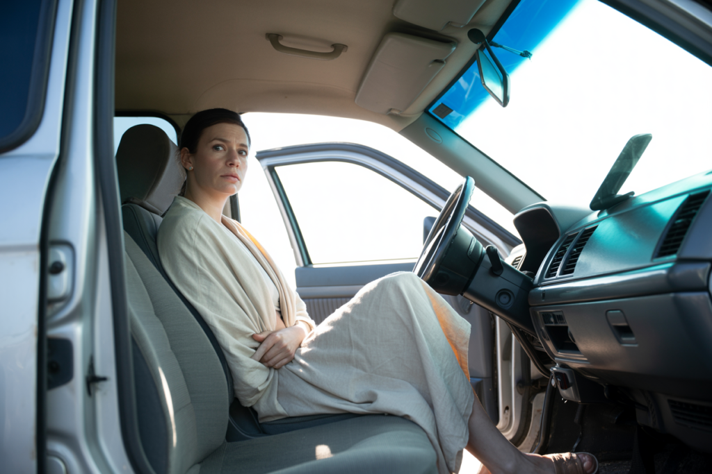 Cinematic wide shot, low angle at door level looking slightly up. A woman wearing a soft cream linen wrap — sitting in the driver's seat of a parked car, door still open, one foot still outside on the pavement. She has just arrived somewhere — or is about to leave. She is looking straight ahead through the windshield at nothing in particular. The car interior around her is completely modified — comfortable standard seat, cushion, support, a phone sliding off the dash, an empty cupholder, nothing on the back seat. Harsh midday sun from directly above flooding through the windshield and creating a hard bright rectangle of light across the dashboard and her lap. Physical drama: the hard sunlight through the windshield is the most aggressive element in the frame — bright, unfiltered, the kind of light that makes the car interior feel like a waiting room rather than a sanctuary. Her one foot still on the pavement is the detail that carries the whole image , not bare footed— she has not fully committed to being inside this space yet, and the space has given her no reason to. Emotional specificity: her forward gaze carries the very specific quality of someone who has been doing something a harder way than necessary for a long time without realizing there was another option. Not defeated — just arriving at the realization. No text anywhere in the image. Shot on medium format film, cinematic, harsh midday light.