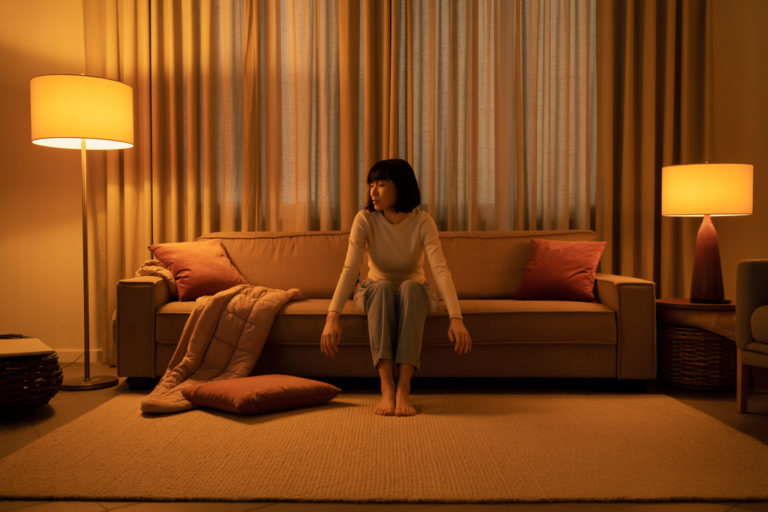 Cinematic wide shot, same angle, same room — transformed. Warm amber lamplight from a floor lamp in the corner and a table lamp on a side table, both at low height. A large low-pile rug in warm oatmeal covering most of the floor. Blackout curtains in linen texture drawn to filter the afternoon light into something soft and golden. Velvet throw pillows in dusty rose and terracotta on the sofa. A weighted blanket draped over one arm. The same East Asian woman — now uncrossed, shoulders released, legs tucked under her on the sofa, one hand resting open on the velvet cushion beside her. Physical drama: the warm lamplight creates pools of amber at sofa height, the rug absorbing the floor's hardness visually and acoustically, the filtered light through the linen curtains casting the room in something golden and held. Emotional specificity: her released shoulders and open hand carry the very specific quality of a nervous system that has been given permission to stop working. No text anywhere in the image. Shot on medium format film, warm amber lamplight, cinematic.