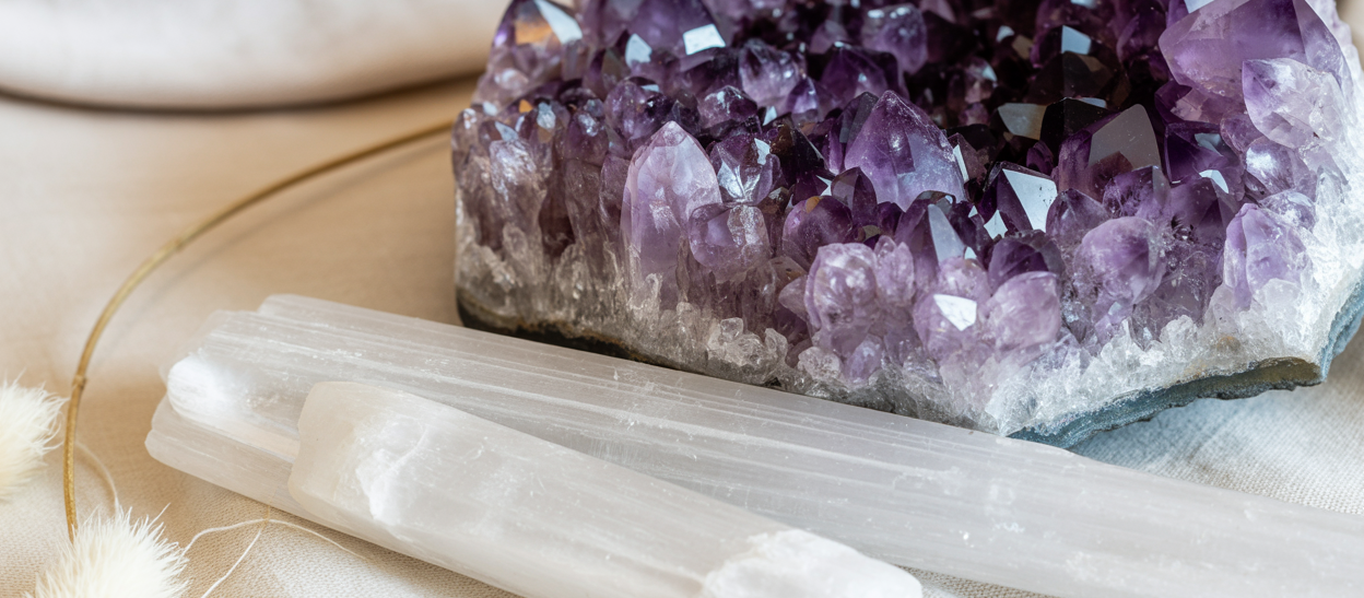 A close-up of a large amethyst cluster on a white cloth, deep violet crystals catching soft diffused light, a selenite wand arranged beside it, cream and violet tones, luminous and minimal. Editorial luxury spiritual wellness aesthetic. Pinterest pin format cropped to top third. Photorealistic. No text. No words. No letters.