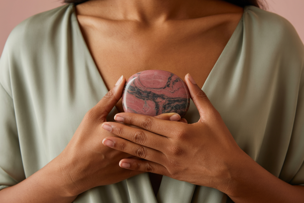 A close-up of a woman's hands with medium brown skin holding a rhodonite palm stone — the distinctive pink and black pattern visible clearly — resting over the center of her chest, wearing a soft sage green top. Warm rose and green tones, soft natural light. Pinterest pin format cropped to bottom third. Photorealistic. No text. No words. No letters.