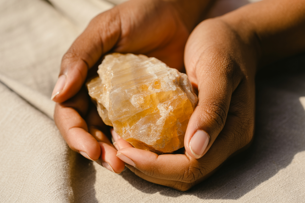 A close-up of a woman's hands with medium brown skin holding a pale orange calcite raw chunk, the luminous surface catching warm light, resting against a cream linen background. Warm orange and amber tones, soft natural light. Pinterest pin format cropped to bottom third. Photorealistic. No text. No words. No letters