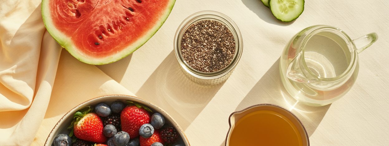 A beautifully styled hydrating foods editorial collage on a clean warm cream linen surface. Items arranged with generous editorial space — a halved watermelon showing deep red flesh with seeds upper left, a sliced cucumber fanned out upper right, a small glass jar of soaked chia seeds in water with visible gel forming center, a bowl of mixed wild blueberries and strawberries lower left, a small pitcher of coconut water lower right, a cup of warm bone broth in amber ceramic tucked in naturally. Soft bright natural summer light. Editorial luxury food photography aesthetic. Warm cream pink and green tones. Pinterest pin format 2:3 vertical. Photorealistic. No text. No words. No letters.